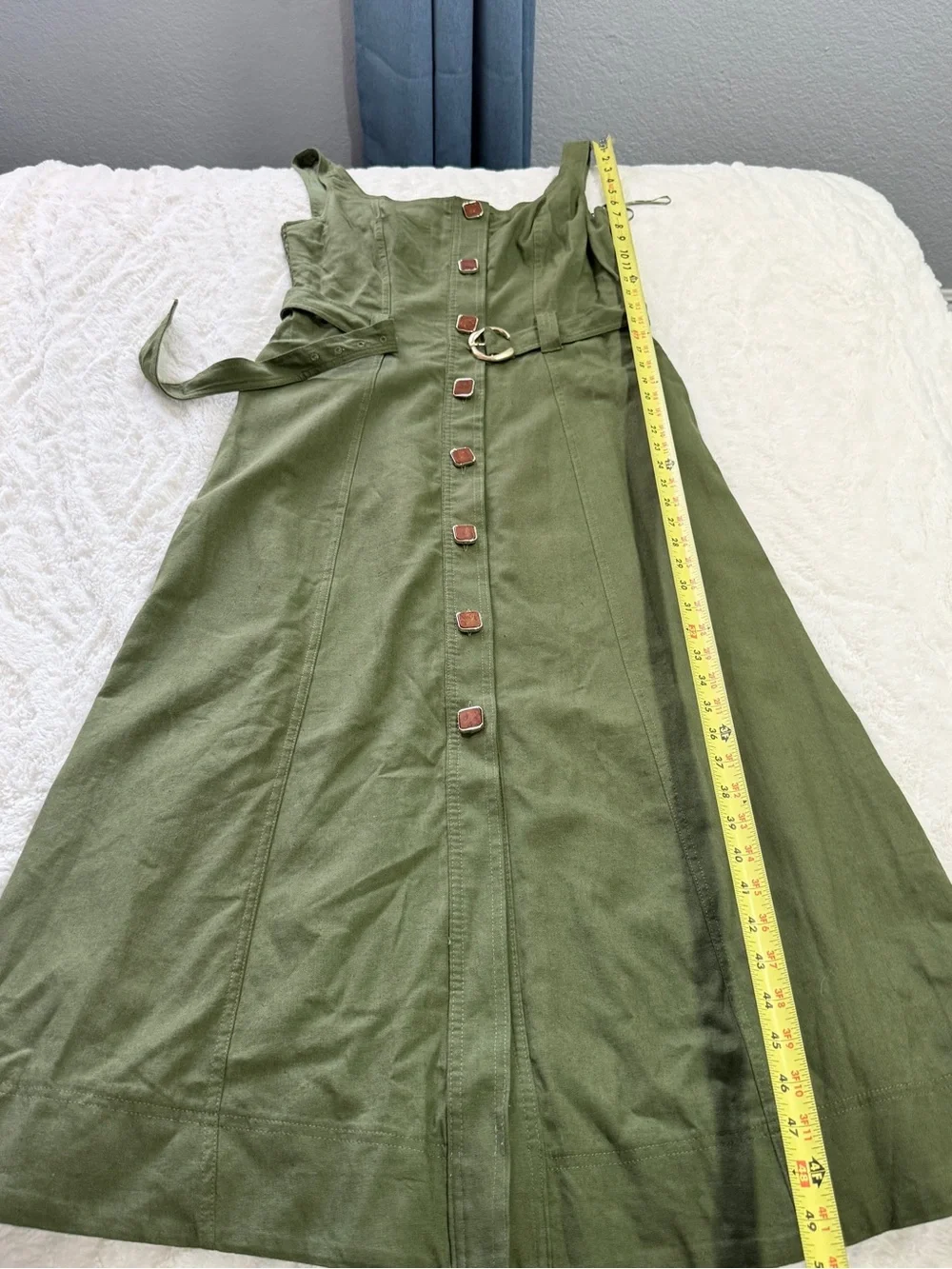 Taylor Olive Green Linen Midi Dress Belted Size 8 Coastal Resort Minimalist - Picture 9 of 14